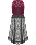 Dark In Love Long Gothic Vampire Crushed Velvet & Lace Fishtail Skirt - Red & Black