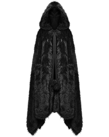 Punk Rave Womens Long Gothic Faux Fur Asymmetric Hooded Winter Cloak - Black