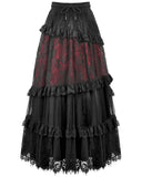 Dark In Love Womens Long Gothic Spliced Lace Maxi Skirt - Red & Black