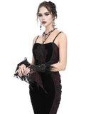 Eva Lady Dark Devore Baroque Gothic Velvet Beaded Cuff Gloves - Black & Red