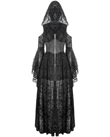 Dark In Love Womens Gothic Sorceress Sheer Floral Mesh Hooded Gown Dress