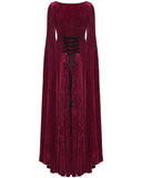 Punk Rave Womens Long Gothic Rose Velvet Flared Split Sleeve Maxi Dress - Red