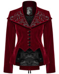 Punk Rave Womens Gothic Embroidered Velvet Cutaway Riding Jacket - Red