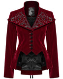 Punk Rave Womens Gothic Embroidered Velvet Cutaway Riding Jacket - Red