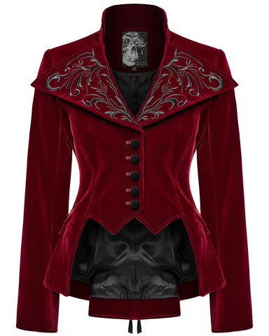 Punk Rave Womens Gothic Embroidered Velvet Cutaway Riding Jacket - Red