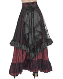 Devil Fashion Womens Long Gothic Jacquard & Lace Bustle Maxi Skirt - Red & Black