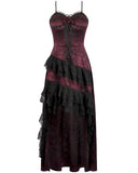 Dark In Love Womens Long Gothic Rose Asymmetric Lace Ruffle Maxi Dress - Red & Black