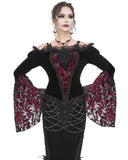 Eva Lady Dark Devore Gothic Velvet & Flocked Mesh Off Shoulder Top - Black & Red