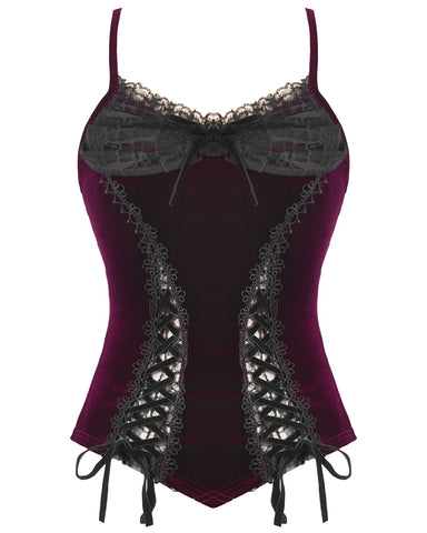 Dark In Love Womens Dark Gothic Vampire Velvet Cami Corset Top - Red & Black