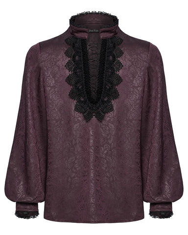 Punk Rave Mens Gothic Embossed Print Lace-Up Pirate Shirt - Red
