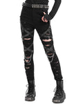 Devil Fashion Womens Apocalyptic Punk Shredded Chain & Strap Skinny Jeans