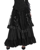 Devil Fashion Womens Long Gothic Jacquard & Lace Bustle Maxi Skirt - Black