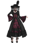 Eva Lady Womens Long Regency Gothic Jacquard & Lace Gown Dress - Black & Red