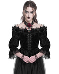 Eva Lady Baroque Gothic Velvet Feathered Rose Embellished Blouse Top - Black