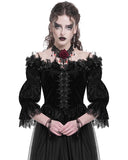 Eva Lady Baroque Gothic Velvet Feathered Rose Embellished Blouse Top - Black