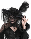 Eva Lady Womens Gothic Lolita Fringed Feather Rose Wide Brim Mourning Hat