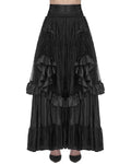 Devil Fashion Womens Long Gothic Jacquard & Lace Bustle Maxi Skirt - Black