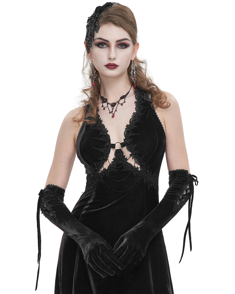 long dress gloves black Black Evening Dress Long Prom Dress With Gloves fg6982