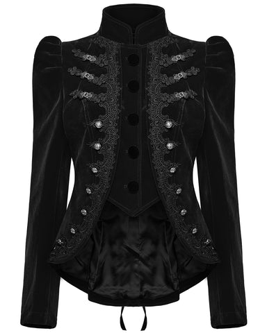 Punk Rave Womens Gothic Velvet Cutaway Military Riding Jacket - Black