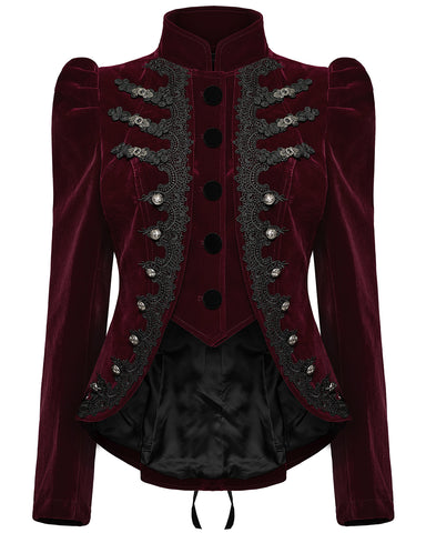 Punk Rave Womens Gothic Velvet Cutaway Military Riding Jacket - Red