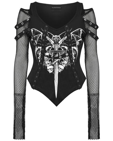 Punk Rave Womens Gothic Vampire Bat Printed Top With Fishnet Sleeves