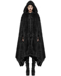 Punk Rave Womens Long Gothic Faux Fur Asymmetric Hooded Winter Cloak - Black