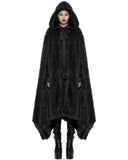 Punk Rave Womens Long Gothic Faux Fur Asymmetric Hooded Winter Cloak - Black