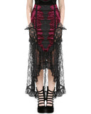 Dark In Love Long Gothic Vampire Crushed Velvet & Lace Fishtail Skirt - Red & Black