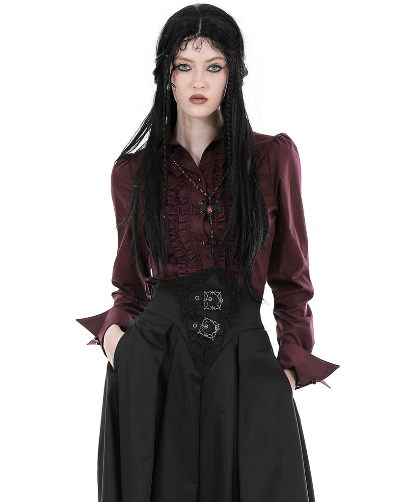 Dark In Love Womens Corporate Gothic Vampire Ruffled Blouse Top - Wine ...