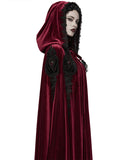 Punk Rave Womens Long Gothic Velvet & Lace Applique Hooded Cloak - Red & Black