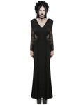 Punk Rave Womens Long Gothic Lace Sleeves Ruched Maxi Dress