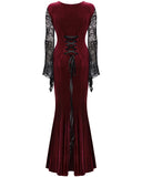 Punk Rave Womens Long Gothic Velvet & Lace Applique Maxi Dress - Red