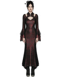 Punk Rave Womens Long Gothic Fitted Maxi Dress With Mesh Contrast - Red & Black