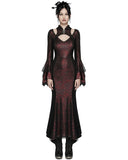 Punk Rave Womens Long Gothic Fitted Maxi Dress With Mesh Contrast - Red & Black