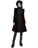 Punk Rave Womens Gothic Velvet Embellished Mid Length Military Coat - Red