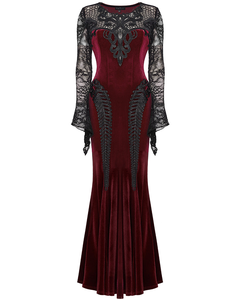 Punk Rave Womens Long Gothic Velvet & Lace Applique Maxi Dress - Red Violent Delights Punk Rave Womens Long Gothic Velvet & Lace Applique Maxi Dress - Red Violent Delights