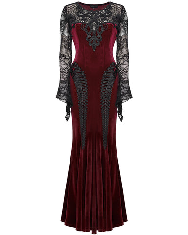 Punk Rave Womens Long Gothic Velvet & Lace Applique Maxi Dress - Red