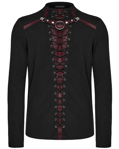 Punk Rave Mens Dark Punk Lace-Up Mesh Inset Top - Black & Red