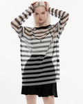 Punk Rave Daily Life Casual Punk Fishnet Mesh Striped Sweater Top - Black & White