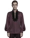 Punk Rave Mens Gothic Embossed Print Lace-Up Pirate Shirt - Red