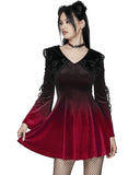 Punk Rave Womens Gothic Velvet Mini Dress With Oversize Embellished Collar - Red & Black Gradient