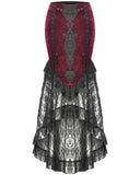 Dark In Love Long Gothic Vampire Crushed Velvet & Lace Fishtail Skirt - Red & Black