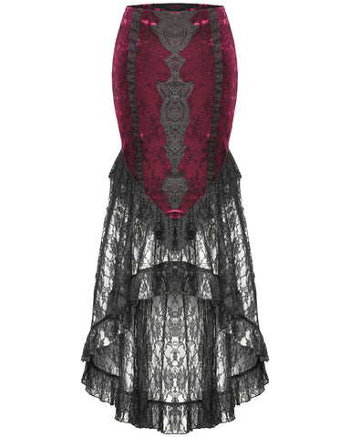 Dark In Love Long Gothic Vampire Crushed Velvet & Lace Fishtail Skirt - Red & Black