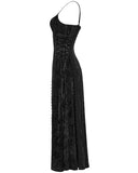 Punk Rave Daily Life Womens Long Gothic Crushed Velvet Applique Maxi Dress - Black