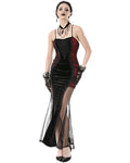 Dark In Love Womens Long Gothic Velvet & Mesh Mermaid Dress - Black & Red