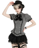 Dark In Love Dark Preppy Corporate Gothic Military Style Blouse Top - Grey & Black