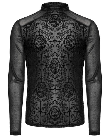 Punk Rave Mens Gothic Skull Cameo Mesh Long Sleeve Tee