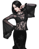 Eva Lady Gothic Rose Lace & Flocked Mesh Flare Sleeve Blouse Top