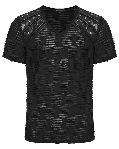 Punk Rave Mens Apocalyptic Gothic Shredded & Studded Broken Knit T Shirt Top
