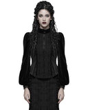 Punk Rave Womens Elegant Gothic Striped Velvet & Lace Applique Blouse Top - Black